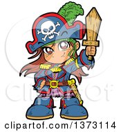 Clipart Of A Brunette White Pirate Girl Holding Up A Wooden Sword Royalty Free Vector Illustration