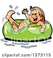 Poster, Art Print Of Happy Brunette White Girl Floating In An Inner Tube