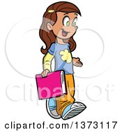 Poster, Art Print Of Happy Brunette White School Girl Walking And Carrying A Book