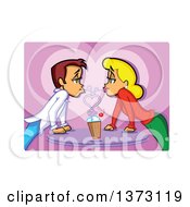 Clipart Of A Romantic White Couple Gazing At Each Other And Sharing A Chocolate Milkshake Over A Heart Royalty Free Vector Illustration by Clip Art Mascots