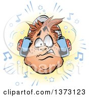 Poster, Art Print Of Chubby White Mans Face With Headphones And Music Notes