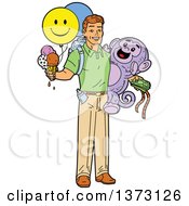 Clipart Of A Happy Casual Brunette White Father Holding Balloons Ice Cream Cash And Fairground Winnings Royalty Free Vector Illustration by Clip Art Mascots