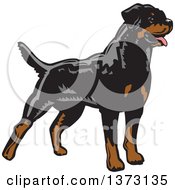Poster, Art Print Of Woodcut Standing Alert Rottweiler Dog