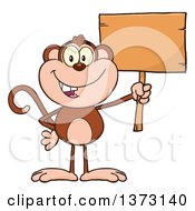 Cartoon Clipart Of A Happy Monkey Mascot Holding A Blank Wooden Sign Royalty Free Vector Illustration