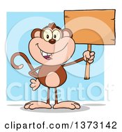 Cartoon Clipart Of A Happy Monkey Mascot Holding A Blank Wooden Sign Over A Blue Square Royalty Free Vector Illustration