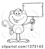 Poster, Art Print Of Black And White Happy Monkey Mascot Holding A Blank Wooden Sign