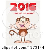 Poster, Art Print Of Happy Monkey Mascot With Open Arms Under New Year 2016 Text On Gradient White