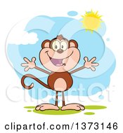 Poster, Art Print Of Happy Monkey Mascot With Open Arms Against A Blue Sky With Clouds And Sunshine