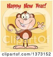 Cartoon Clipart Of A Happy Monkey Mascot Waving Over Yellow With Happy New Year Text Royalty Free Vector Illustration by Hit Toon