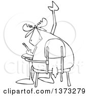 Clipart Of A Cartoon Black And White Student Moose With A Question Raising A Hoof At A Desk Royalty Free Vector Illustration