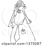 Clipart Of A Cartoon Black And White Scared Business Man Covering His Face With His Hands Royalty Free Vector Illustration