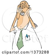 Cartoon White Scared Business Man Covering His Face With His Hands
