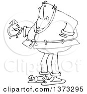 Clipart Of A Cartoon Black And White Chubby Grumpy Man Wearing Pajamas And Bunny Slippers And Holding An Alarm Clock Royalty Free Vector Illustration