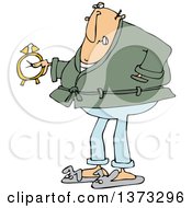 Clipart Of A Cartoon Chubby Grumpy White Man Wearing Pajamas And Bunny Slippers And Holding An Alarm Clock Royalty Free Vector Illustration