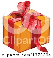 Poster, Art Print Of Gift Box Wrapped In Orange Paper And A Red Bow And Ribbon