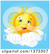 Poster, Art Print Of Cheerful Happy Sun With Puffy Clouds In A Blue Sky