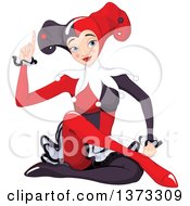 Clipart Of A Caucasian Female Joker Sitting And Holding Up A Finger Royalty Free Vector Illustration