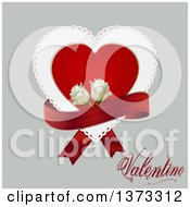 Poster, Art Print Of Doily Heart With A Red Ribbon White Roses And Valentine Text Over Gray