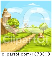 Poster, Art Print Of Hilly Rural Road And Landscape With A Windmill