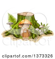 Tree Stump With A Mushroom House And Ferns