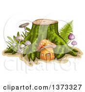 Clipart Of A Tree Stump With A Mushroom House And Ferns Royalty Free Vector Illustration by merlinul