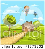 Clipart Of A Cottage House In A Hilly Rural Landscape With Hot Air Balloons Royalty Free Vector Illustration by merlinul