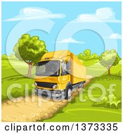 Clipart Of A Yellow Big Rig Truck On A Rural Dirt Road Royalty Free Vector Illustration by merlinul