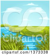 Poster, Art Print Of Creek Or Stream With Aquatic Plants And A Green Landscape