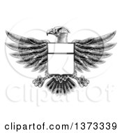 Poster, Art Print Of Black And White Engraved Or Woodcut Heraldic Coat Of Arms American Bald Eagle With A Shield Body