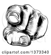 Clipart Of A Black And White Retro Woodcut Hand Pointing Outwards Royalty Free Vector Illustration