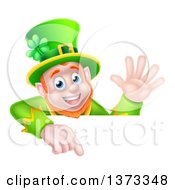 Poster, Art Print Of Cartoon Happy St Patricks Day Leprechaun Waving And Pointing Down Over A Sign