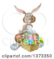 Poster, Art Print Of Happy Brown Easter Bunny With A Basket Of Eggs And Flowers