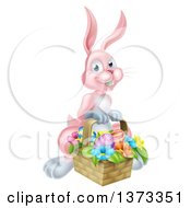 Poster, Art Print Of Happy Pink Easter Bunny With A Basket Of Eggs And Flowers