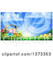 Poster, Art Print Of Basket Of Easter Eggs And Flowers In Grass Against A Sunny Sky