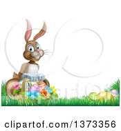 Poster, Art Print Of Happy Brown Easter Bunny With A Basket Of Eggs And Flowers In The Grass With White Text Space