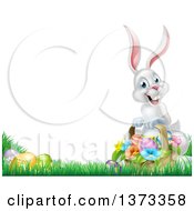 Poster, Art Print Of Happy White Easter Bunny With A Basket Of Eggs And Flowers In The Grass With Text Space