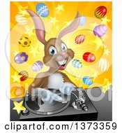 Poster, Art Print Of Happy Brown Easter Bunny Rabbit Dj Over A Turntable Against A Burst Of Objects