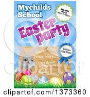Poster, Art Print Of Gray Easter Bunny With Eggs In The Grass Under Party Text And A Sign