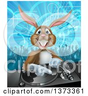 Poster, Art Print Of Happy Brown Bunny Rabbit Dj Over A Turntable Against A Dance Floor