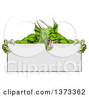Roaring Green Horned Dragon Mascot Holding A Blank Sign