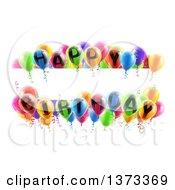 Poster, Art Print Of Blank White Banner Signs Bordered In 3d Colorful Happy Birthday Party Balloons