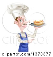 Poster, Art Print Of White Male Chef With A Curling Mustache Holding A Hot Dog On A Platter And Pointing
