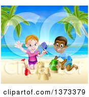 Poster, Art Print Of Happy White Girl And Black Boy Playing And Making Sand Castles On A Tropical Beach