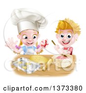 Poster, Art Print Of Cartoon Happy White Girl And Boy Making Frosting And Star Shaped Cookies