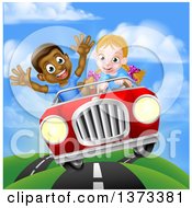 Poster, Art Print Of Happy White Girl Driving A Red Convertible Car And A Black Boy Holding His Arms Up In The Passenger Seat As They Catch Air