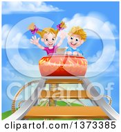 Happy White Boy And Girl At The Top Of A Roller Coaster Ride Against A Blue Sky With Clouds