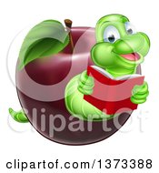 Cartoon Happy Green Book Worm Reading And Emerging From A Red Apple