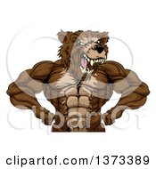Poster, Art Print Of Fierce Buff Muscular Grizzly Bear Man Flexing His Muscles From The Waist Up