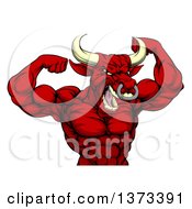 Poster, Art Print Of Muscular Red Bull Man Mascot Flexing From The Waist Up