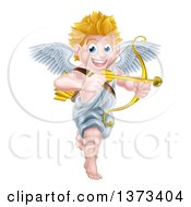 Clipart Of A Happy Blond Caucasian Valentines Day Cupid Smiling And Aiming An Arrow Royalty Free Vector Illustration